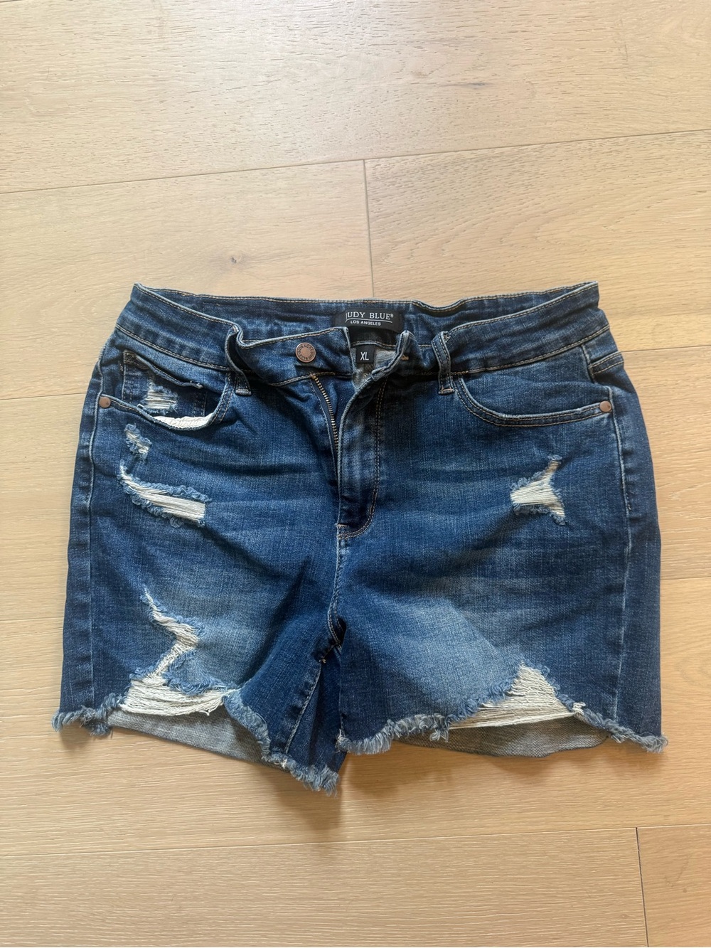 Judy Blue Raw Hem Distressed Blue Denim Shorts